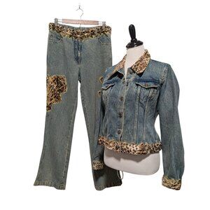 Vintage Newport News Womens Size 12 Denim Faux Leopard Fur Trim Jacket Jeans Set